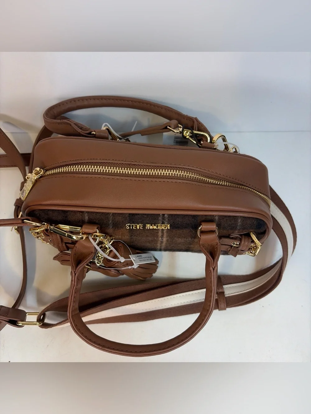 Steve Madden Brown Plaid Blennix Nutshell Crossbody Bag Tassel Dog Charm Fall